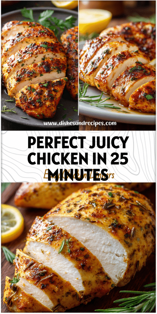 Juicy oven grilled chicken breast sliced on a plate with herbs and lemon.